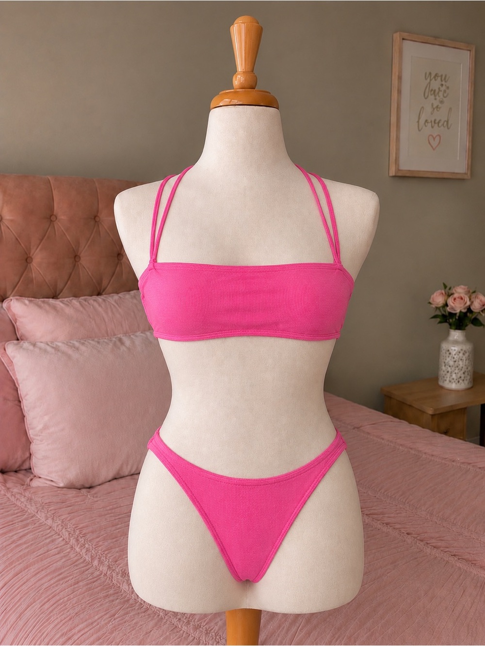SHEIN Hot Pink Ribbed Double-Strap Bandeau Bikini